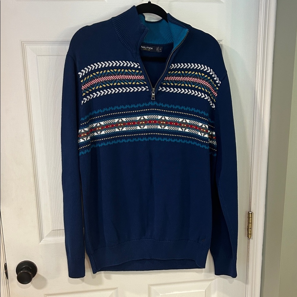Nautica Men's Zip-Up Sweater in Navy with Patterned Design